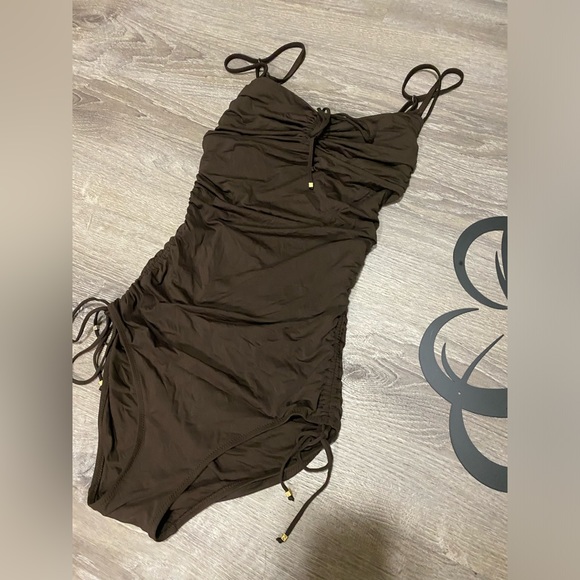 DKNY Chocolate Brown Ruched One Piece Swimsuit | Tie Detail | Size M (8) - Picture 4 of 7